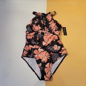 Tempt Me Women One Piece Swimsuit High Neck Plunge Mesh Ruched size S NWT